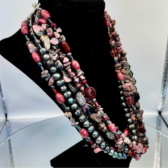 Rhodonite, Crystal & Peacock Pearls Multi-Strand Beaded Necklace - Picture 3 of 6